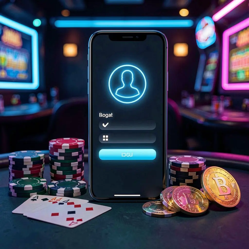 TK9388 casino app login screen on a smartphone with glowing user profile icon, surrounded by chips, cards, and coins against an elegant dark background with neon highlights