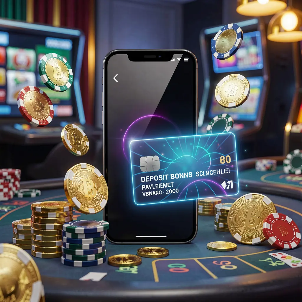 TK9388 deposit bonus concept featuring a smartphone wallet with a glowing payment card, surrounded by golden coins and poker chips in a modern mobile casino style