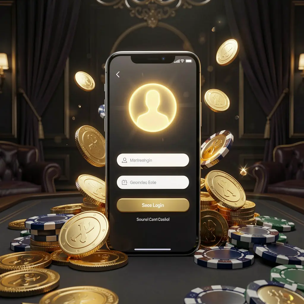 TK9388 online casino login page hero banner featuring a modern smartphone with a secure login screen, glowing user profile icon, and golden coins and poker chips against a dark luxury background