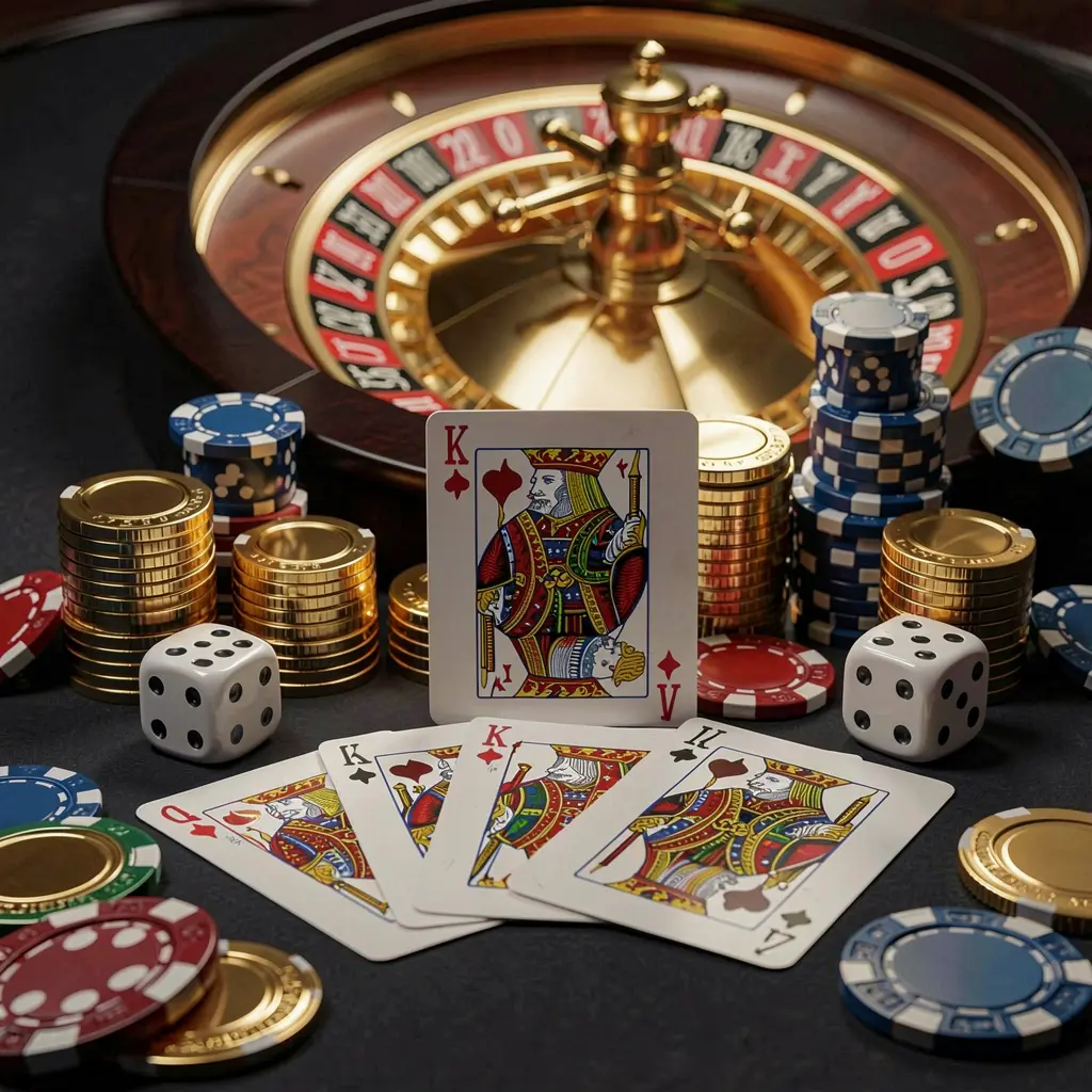 Elegant online casino homepage featuring TK9388 brand with royal flush cards, dice, golden coins, poker chips on a dark table, and a glowing roulette wheel in the background in a cinematic 3D render